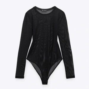 NWT Zara Lingerie Sheer Bodysuit Black Long Sleeve Size Small